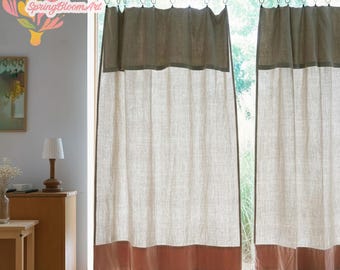 Linen Curtain with Color Block, Japanese Doorway Curtain, Sheer Curtains, Linen Cafe Curtains Panel, Living Room Curtain, Rustic Home Decor