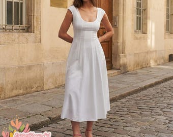 Midi-jurk met ronde hals, linnen jurk met zakken, linnen strandjurk, bruiloftsgastjurk, galajurk, zomerjurk vrouwen, cadeaus voor haar