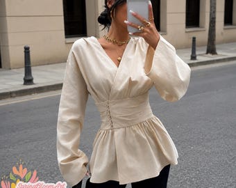 Long Sleeve Shirt, Linen Waist Cinching Shirt, Linen Vintage Top, Button Front Shirt, Linen V Neck Top, Summer Linen Shirt, Plus Size Top