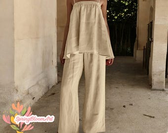 Casual Spaghetti Strap Top and Pants Set, Linen Loose Top and Wide Pants, Linen Tank Top, Summer Shirt, Sleeveless Tank Top, Gifts for Her