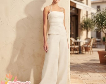 Set spaghettitop en broek, casual linnenset, moderne kantoorset dames, losse wijde broek, linnen zomerset, vakantielinnenset