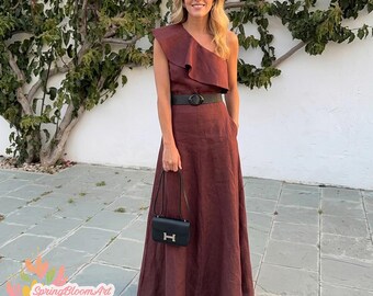 Elegante off-shoulder linnen jurk, linnen maxi-jurk, bruiloftsgastjurk, galajurk, trouwjurk, feestjurk, lange linnen zomerjurk