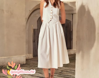 Débardeur et jupe plissée en lin, Tenue de bureau tendance en lin, Débardeur dos nu, Ensemble minimaliste en lin, Ensemble deux pièces décontracté, Jupe midi douce pour femme