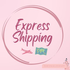 以下が含まれることがあります： ピンクの円の中に、ピンクの筆記体で「Express Shipping」という文字が書かれています。テキストの下には、赤い飛行機と赤いピンが刺さった緑色の世界地図があります。画像の下部には「SPRINGBLOOMART」というテキストがあります。