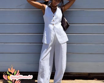 Classic Linen Vest Set, Linen Wide Leg Trousers, Front Button Waistcoat Vintage, Linen Wide Pants, Summer Set for Women, Gifts for Her