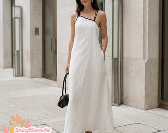Linnen maxi-jurk met zakken, linnen strandjurk, vakantie zomerjurk voor vrouwen, bruiloft gast jurk, vakantiejurk, plus size jurk