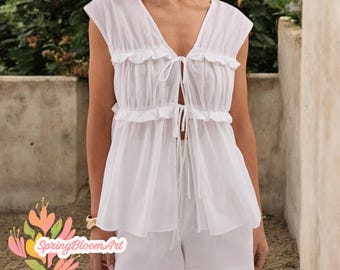 Blusa de lino blanco con volantes, blusa de lino con lazos delanteros, blusa moderna de lino, blusa holgada de lino con cuello en V, blusa de verano para mujer, regalo para ella