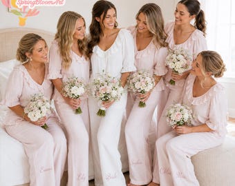 Bruidspyjamaset met ruches, zachte nachtkleding voor de bruid, losse linnen pyjamaset, outfit voor de bruidsmeisjes tijdens het klaarmaken, outfit voor de ochtend van de bruiloft