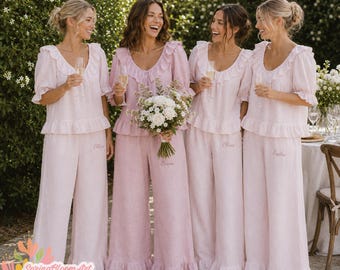 Linnen nachtkleding voor bruidsmeisjes, bruidspyjamaset, bruidspyjamaset met ruches, loszittende pyjama, losse linnen pyjamaset, bruidsloungewear