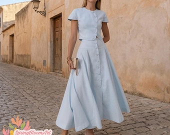 Set linnen knopen top en rok, linnen midi-rok, zomeroutfit dames, linnen zomerset, strandoutfitset, lange linnen rok, plus-matenset