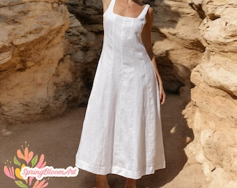 Sleeveless Linen Dress with Pockets, Loose Linen Dress, Boho Midi Dress, Linen Beach Dress, Vacation Dress, Summer Dress, Customize Dress