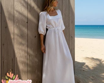 Vestido de linho solto, vestido maxi de linho, vestido de linho para praia, vestido de linho com mangas bufantes, vestido de verão para férias, vestido para convidada de casamento, vestido para viagens