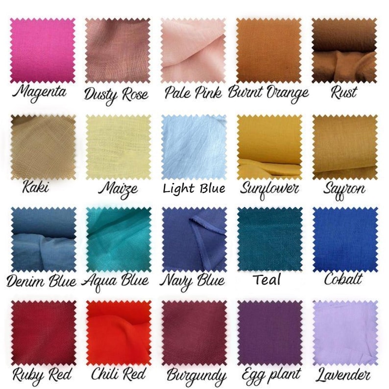 May include: A color chart featuring fabric swatches in various shades. Colors include magenta, dusty rose, pale pink, burnt orange, rust, khaki, maize, light blue, sunflower, saffron, denim blue, aqua blue, navy blue, teal, cobalt, ruby red, chili red, burgundy, eggplant, and lavender.