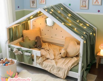 Linen Canopy Bed for Kids House, Linen Cotton Montessori House Bed, Bed Canopies For Kids Child Toddler, Kids Canopy Bed, Kids Room Decor