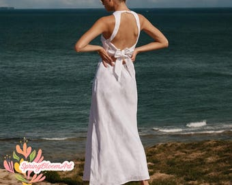 Backless Linen Slit Dress, Sleeveless Summer Dress, Linen Midi Dress, Linen Beach Dress, Wedding Guest Dress, Party Dress, Custom Dress