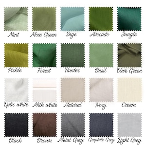 May include: A color chart featuring fabric swatches in various shades. Colors include greens like Mint, Avocado, and Forest, neutrals such as Optic White and Cream, and darker hues like Black and Graphite Grey. Each swatch is labeled with its color name.