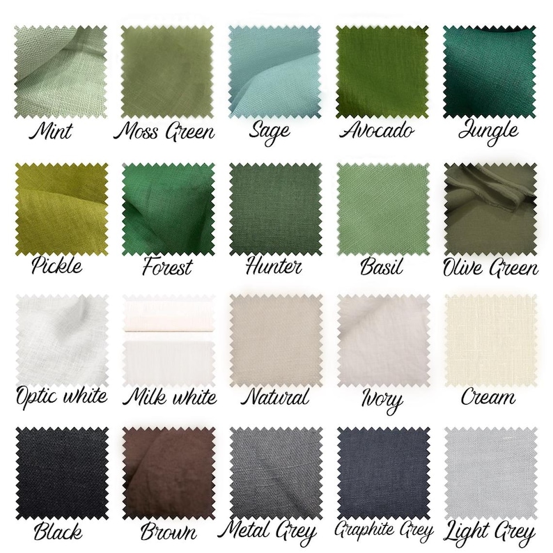 May include: A color chart featuring fabric swatches in various shades. Colors include greens like Mint, Avocado, and Forest, neutrals such as Optic White and Cream, and darker hues like Black and Graphite Grey. Each swatch is labeled with its color name.