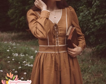 Fairytale Midi Dress, Linen Vintage Dress, Linen Puffed Sleeves Dress, Countryside Dress, Dress with Pocket, Boho Dress, Wedding Guest Dress