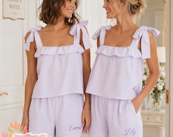 Pyjamaset op maat voor bruidsmeisjes, nachtkleding voor het bruidsgezelschap, gepersonaliseerde linnen-katoenen pyjamaset, loungewear voor het bruidsgezelschap, cadeau voor de bruidsmeisjes