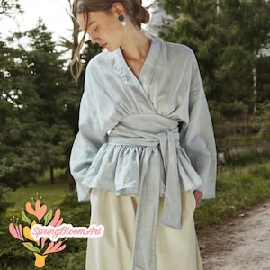 Linen Wrap Blouse, Kimono Style Soft Summer Top, Linen Loose Blouse, Wrap Top Women, Long-sleeved Shirt, Kimono Tie front Top, Jacket Top