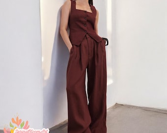 Casual Vest Women Set, Front Button Waistcoat, Linen Office Waistcoat Set,  Classic Linen Vest, Linen Wide Leg Trousers, Linen Wide Pants