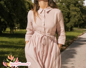 Vestido longo de linho com bolsos: vestido de férias com botões e cinto de amarração