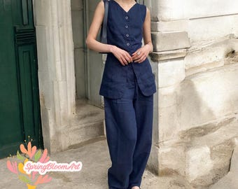 Classic Linen Vest Set, Linen Wide Leg Trousers, Front Button Waistcoat Vintage, Linen Wide Pants, Summer Set for Women, Gifts for Her