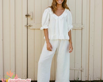 Blusa e calça de linho com babados, conjunto de pijama de linho, blusa solta de linho, pijama para madrinhas, roupa de dormir de linho, pijama plus size, roupa de dormir de linho