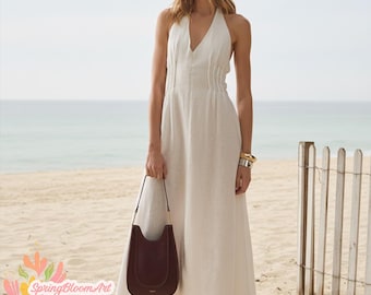 Sleeveless Halter Dress, V Neck Linen Dress, Open Back  Dress, Linen Summer Dress, Minimalist Dress, Linen Vacation Dress, Holiday Dress