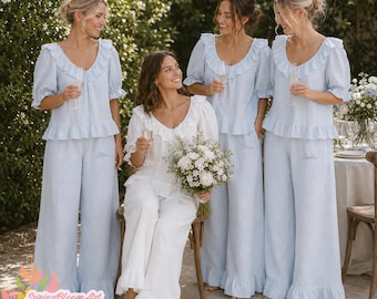 Bruidspyjamaset, Bruidspyjamaset met ruches, Losse pyjama, Losse linnen pyjamaset, Nachtkleding voor bruidsmeisjes, Bruidsloungewear