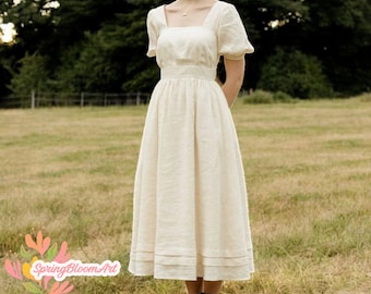 Vestido largo de lino con mangas abullonadas, vestido de escote cuadrado, vestido de invitada de boda, vestido vintage informal, vestido de fiesta, vestido festivo, talla personalizada