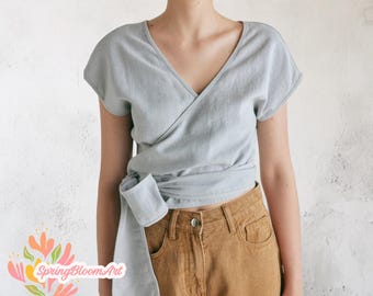 Linen Wrap Top, Tie-up Waist Top, Elegant Top for Women, Linen Sleeveless Top, Loose Flax Crop Top, Summer Top, Plus Size, Gift for Her