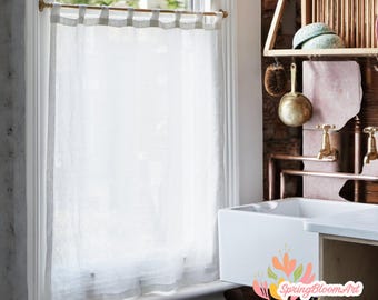 Tab Top Linen Curtain Panel, Simple Curtain, Pure Linen Cafe Curtain Panel, White Linen Bistro Curtain, Custom Cafe Curtain, Kitchen Curtain