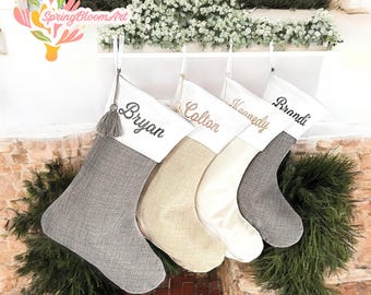 リネン製キツネ刺繍クリスマスストッキング 素朴なリネンのクリスマスストッキング、パーソナライズされた