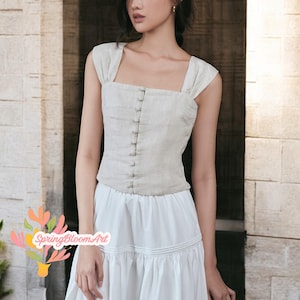 Linen Vintage Top, Linen Cottagecore Corset, Linen Button Front Top, Fairy Corset, Linen Square Neck Top, Summer Linen Shirt, Plus Size Top