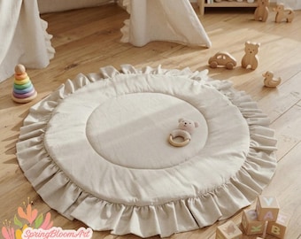 Gewatteerde linnen speelkleed met ruches, natuurlijk linnen babyspeelkleed, linnen babyspeelkleed, rond linnen kinderkamertapijt, tapijt kinderkamer