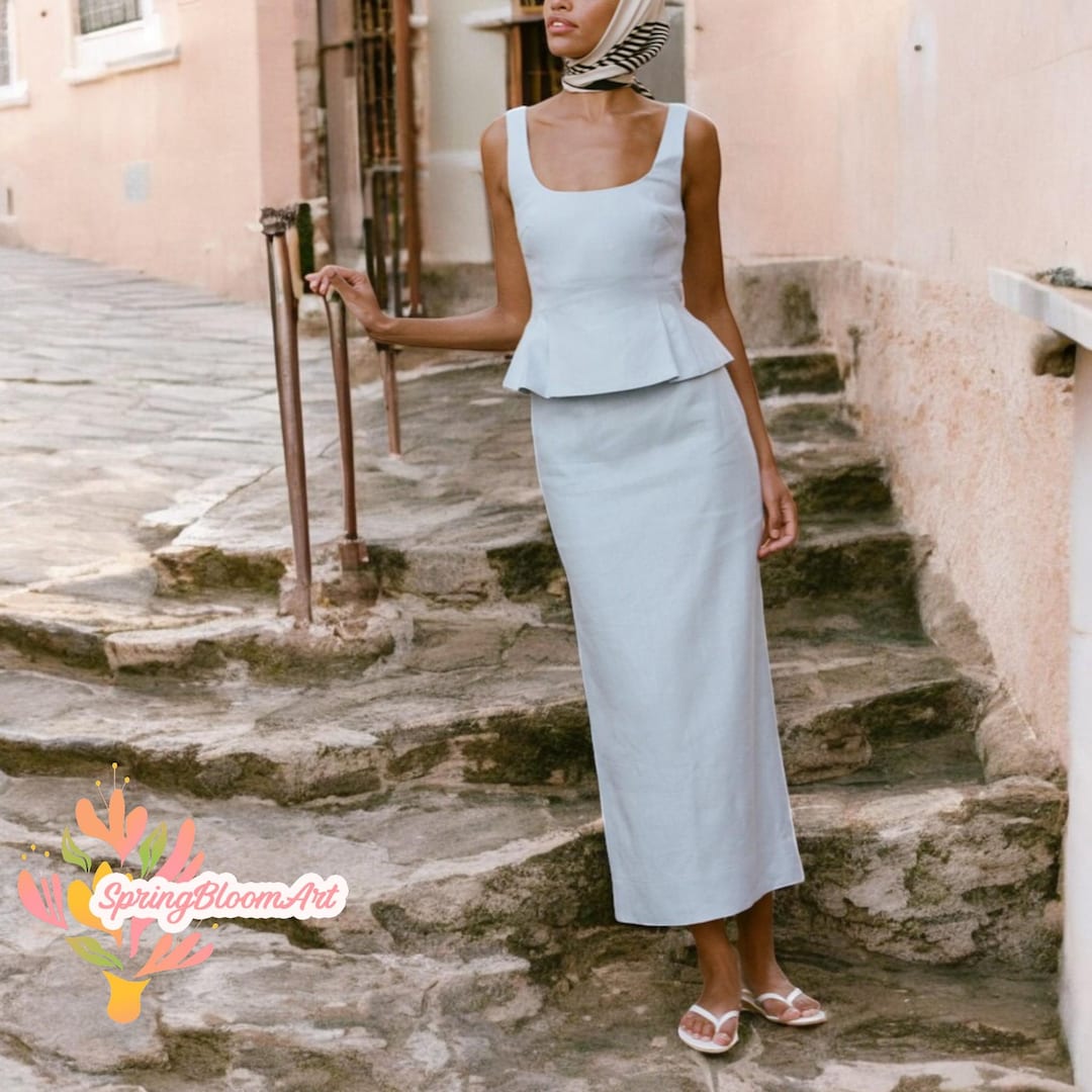 Linen Peplum Top and Long Skirt Set, Sleeveless Crop Top, Pencil Skirt — free download