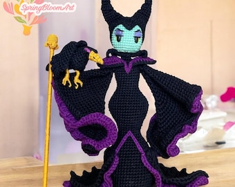 Muñeca de ganchillo Maléfica, Hada hechicera malvada de la Bella Durmiente, Amigurumi de villana de ganchillo, Anime personalizado, Regalos para hija, Regalos para niña
