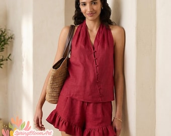 Linnen zomerset, pyjamaset van zacht linnen, losse pyjama, bruidsmeisjespyjama, pyjamalounge met ruches, outfitset dames, set huiskleding