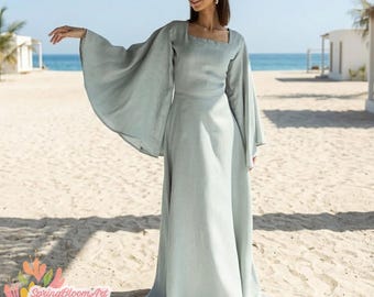 Kaftan linnen maxi-jurk, linnen strandjurk, lange linnen jurk, zomerjurk, bruiloftsgastjurk, vakantiejurk, plus size jurk