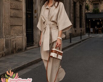Set bestaande uit een shirt met lange mouwen en een broek, linnen kimono-shirt, linnen damespak, linnen herfst/winterset, elegante tweedelige set, klassieke linnen set