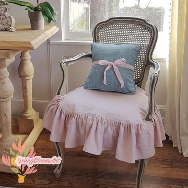 Chair Slipcover with Ties, Linen Chair Seat Covers, Handmade Four Sides Ruffle Edge Custom, Kitchen Dining Decor, Linen Blend Chair Cover