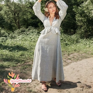 Linen V-Neck Maxi Dress: Peplum Long Sleeve Wedding Guest Dress