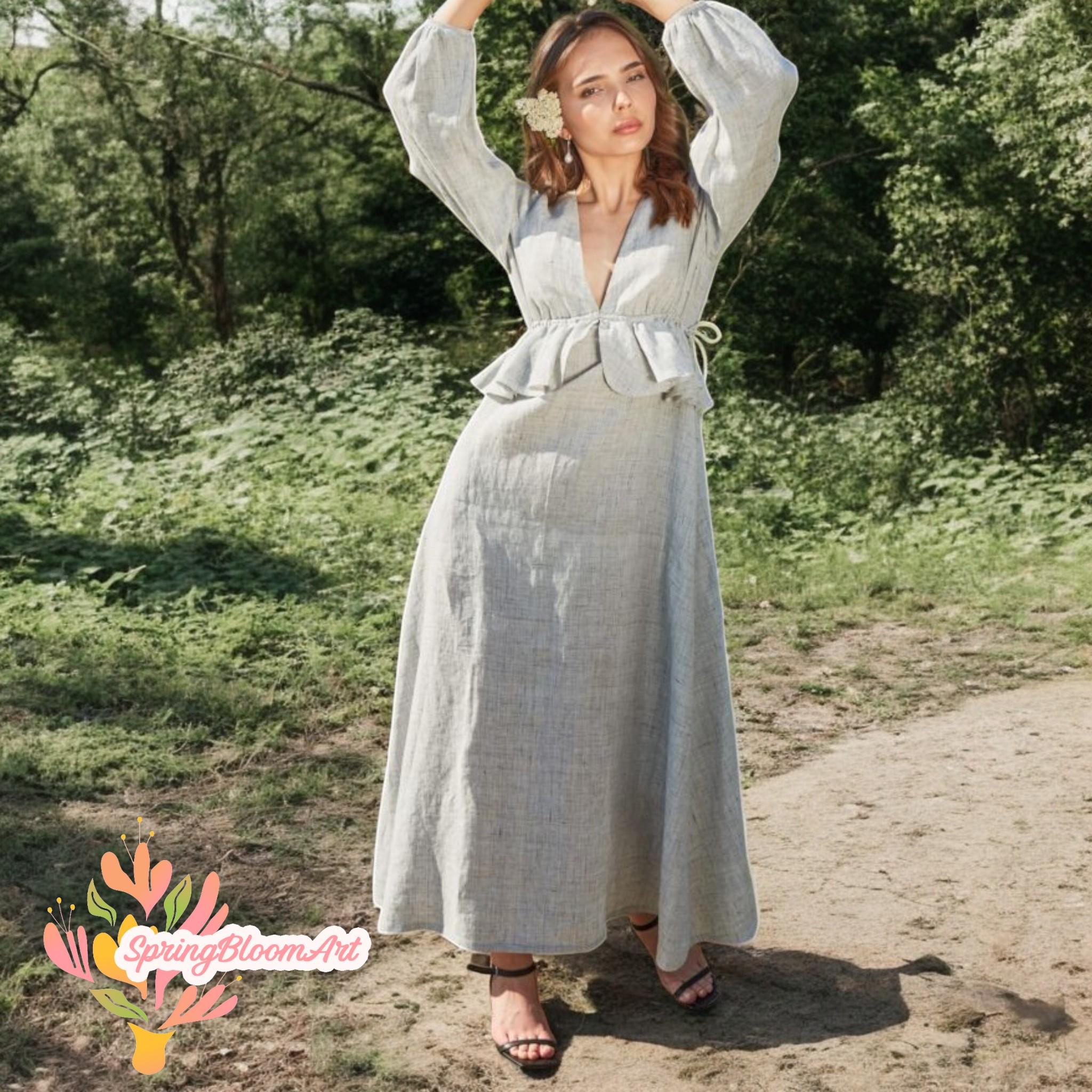women's linen dress Sleeveless Linen Dress with Obi Belt, Summer Linen Dress for Women, Linen Maxi Dress, V-neck Linen Dress with Pockets, S / Blue Green
