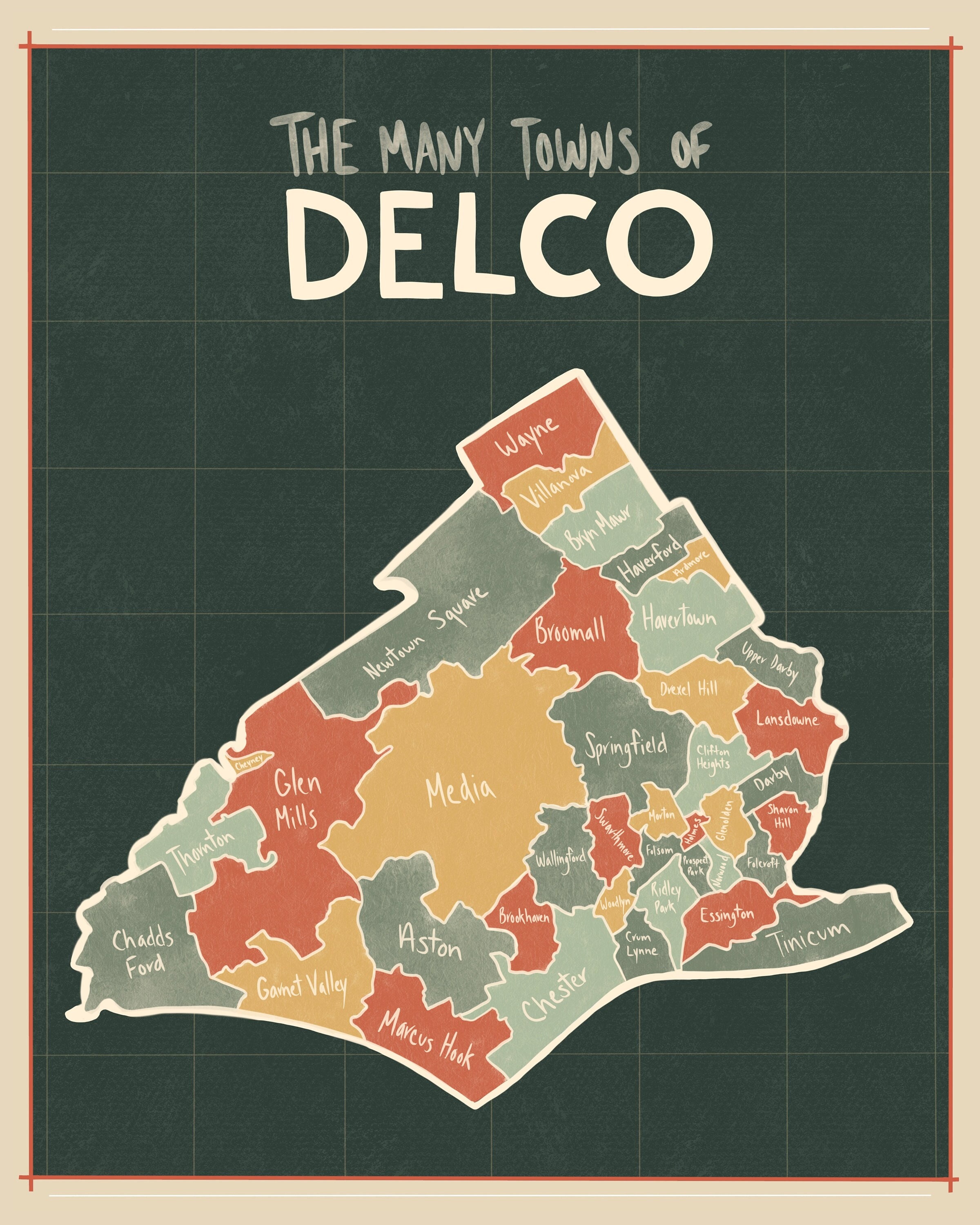 Map Of Delco Pa The Many Towns Of Delco Map 16X20 | Etsy