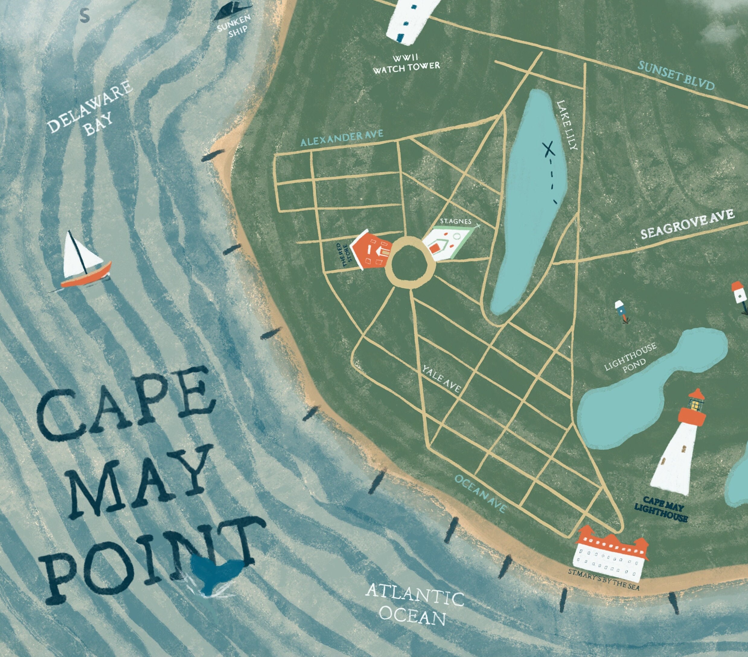 Cape May Point Illustrated Map Etsy