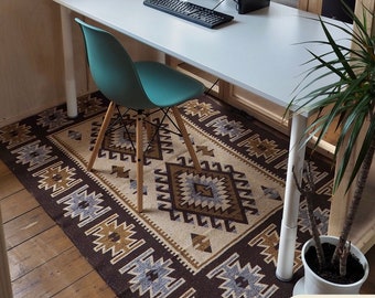 Reversible Brown Cream Turkish Kilim Large Area Rug / Turkish Rug / Ikat Rug / Aztec Rug / Boho Rug / Kilm Rug / Washable rug / Diamond