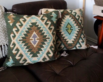 45 X 45 Green Cream Diamond Cushion, Ikat Cushion, Kilim Cushion, Aztec Cushion, Boho Cushion, Southwestern Cushion