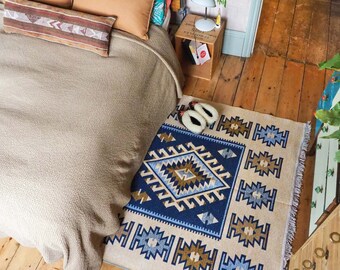 Reversible Blue Cream Turkish Kilim Large Area Rug / Turkish Rug / Ikat Rug / Aztec Rug / Boho Rug / Kilm Rug / Washable rug / Diamond