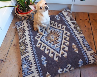 Brown and Cream Aztec Pet Bed Cat Dog Cushion Boho Southwestern Geometric Tribal in Blue and Cream Retro style